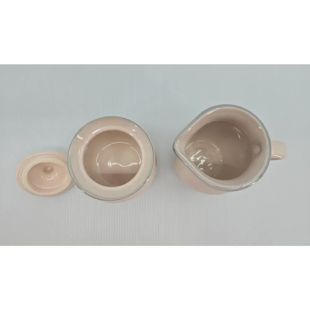 Pfaltzgraff Aura Pink Creamer & Covered Sugar Bowl Set Striped Stoneware USA